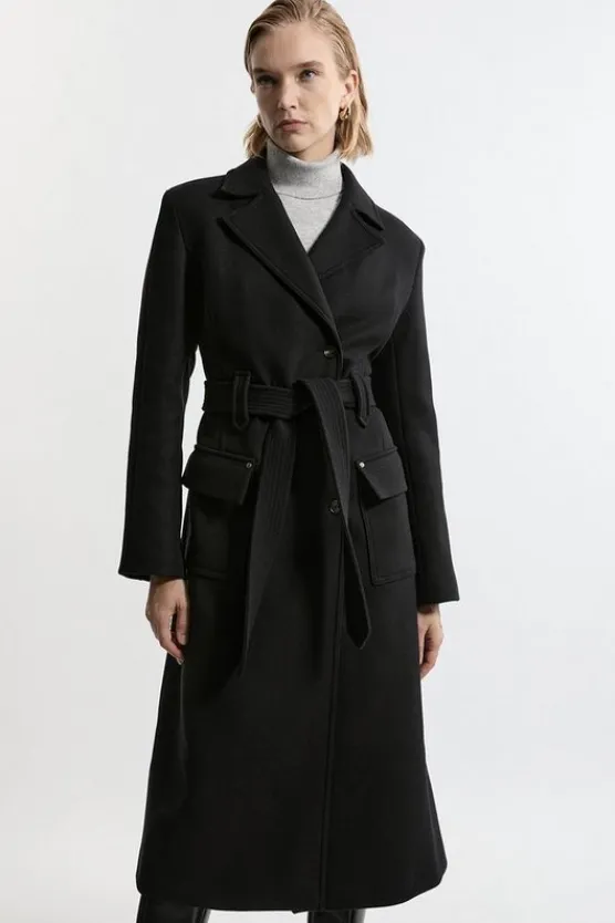Karen Millen Premium Italian Manteco Wool Belted Tailored Midaxi Coat black New
