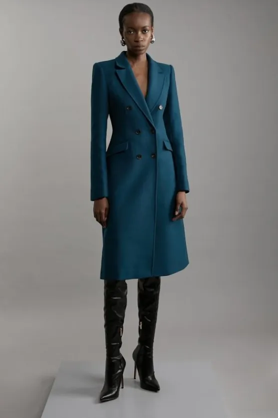 Karen Millen Premium Italian Manteco Wool Fitted Tailored Midi Coat teal Sale