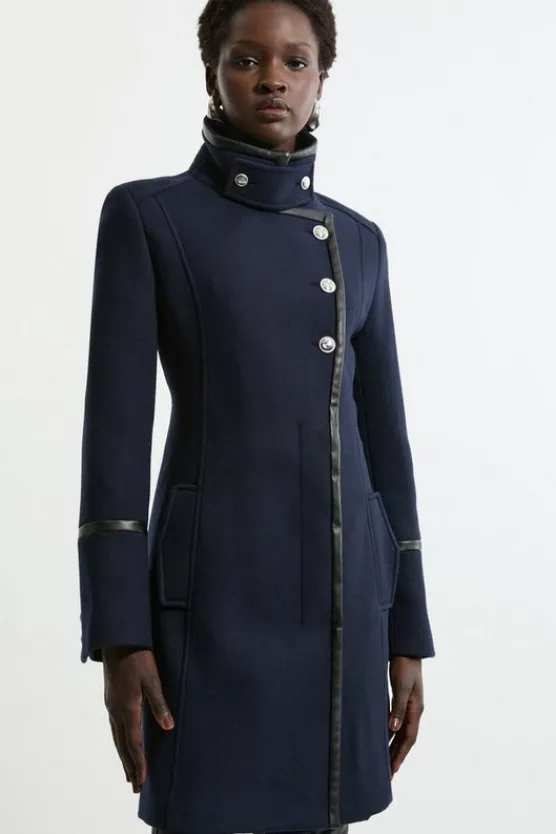 Karen Millen Premium Italian Manteco Wool Military Funnel Neck Tailored Short Coat navy Discount