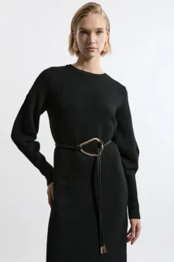 Karen Millen Premium Leather Gold Hardwear Detail Tie Belt black Fashion