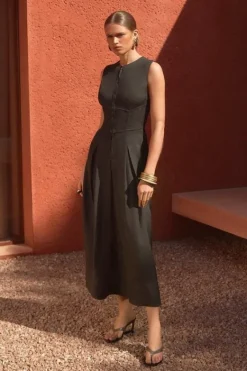 Karen Millen Premium Linen Twill Woven Sleeveless Maxi Dress khaki Best