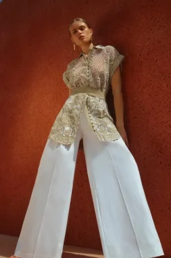 Karen Millen Premium Tailored Linen Mid Rise Wide Leg Pants ivory Fashion