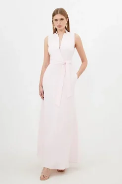 Karen Millen Premium Tailored Linen Notch Neck Belted Midaxi Dress blush New