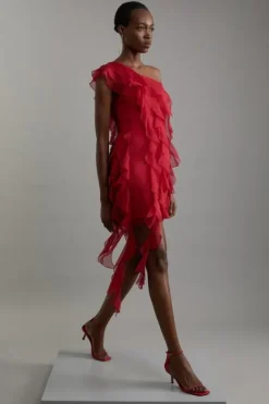 Karen Millen Premium Viscose Georgette Panelled Ruffle Detail Woven Midi Dress darkred Online