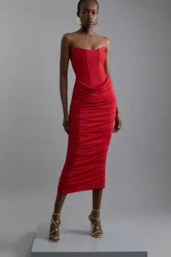 Karen Millen Premium Viscose Jersey Corset Midi Dress red Fashion
