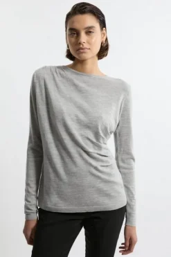 Karen Millen Premium Yarn Collection Extra Fine Merino Wool Draped Sweater greymarl Discount
