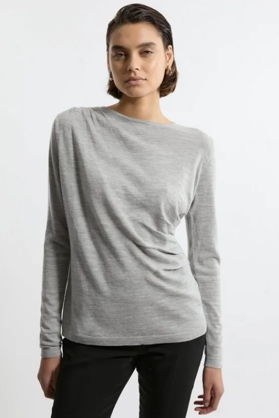 Karen Millen Premium Yarn Collection Extra Fine Merino Wool Draped Sweater greymarl Discount
