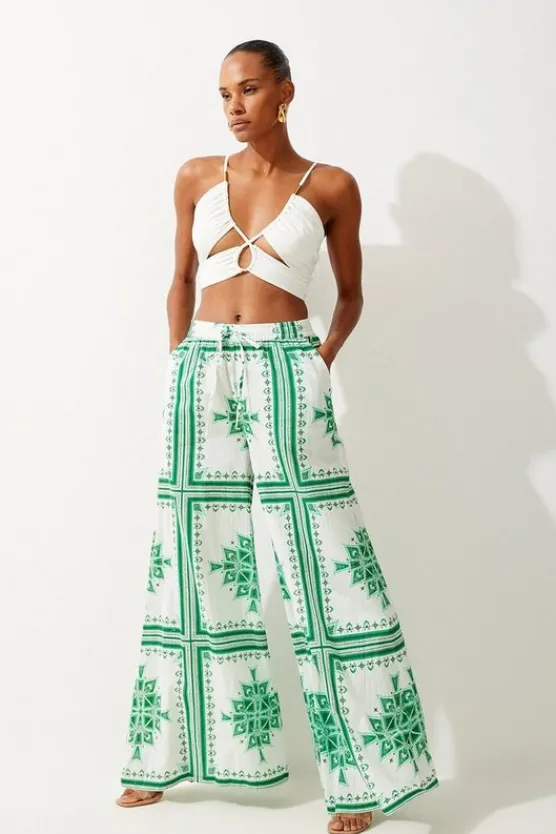 Karen Millen Printed Cotton Voile Beach Pants green Online