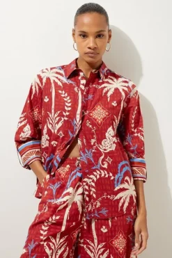 Karen Millen Printed Cotton Voile Beach Shirt rust Best