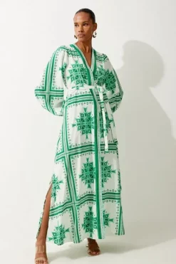 Karen Millen Printed Cotton Voile Maxi Beach Dress green Hot
