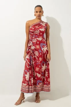 Karen Millen Printed Cotton Voile One Shoulder Midi Beach Dress rust Fashion