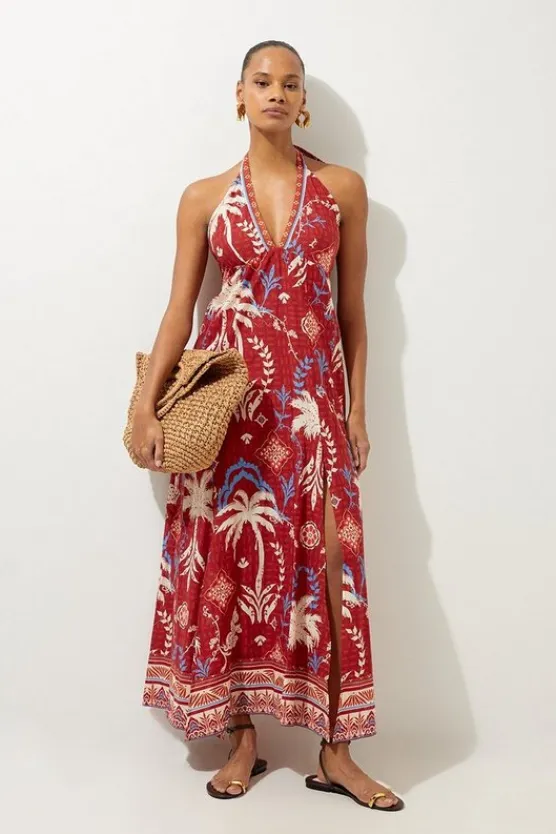 Karen Millen Printed Cotton Voile Strappy Maxi Beach Dress rust Clearance