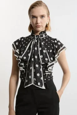 Karen Millen Printed Dobby Neck Tie Ruffle Blouse mono Clearance