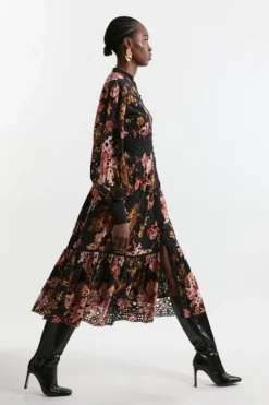 Karen Millen Printed Eyelet Woven Midi Dress With Guipure Trim floral Fashion