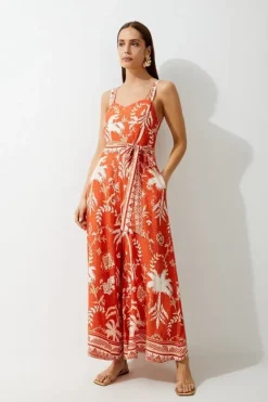 Karen Millen Printed Viscose Woven Tie Waist Wide Leg Jumpsuit orange Sale