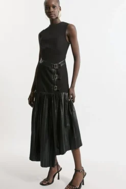 Karen Millen Pu And Ponte Sleeveless Pleated Skirt Maxi Dress black Sale