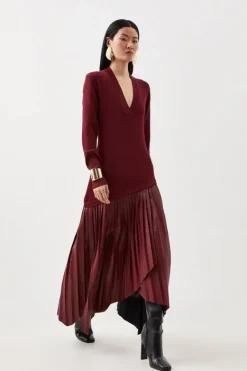 Karen Millen Pu Knit Belted Midi Dress burgundy New