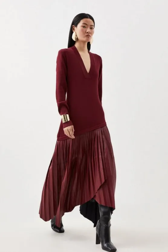 Karen Millen Pu Knit Belted Midi Dress burgundy New