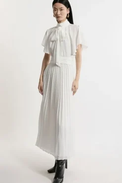 Karen Millen Pussy Bow Tie Georgette Belted Woven Midi Dress ivory Fashion