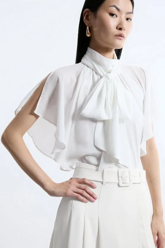 Karen Millen Pussy Bow Tie Woven Georgette Blouse ivory Outlet
