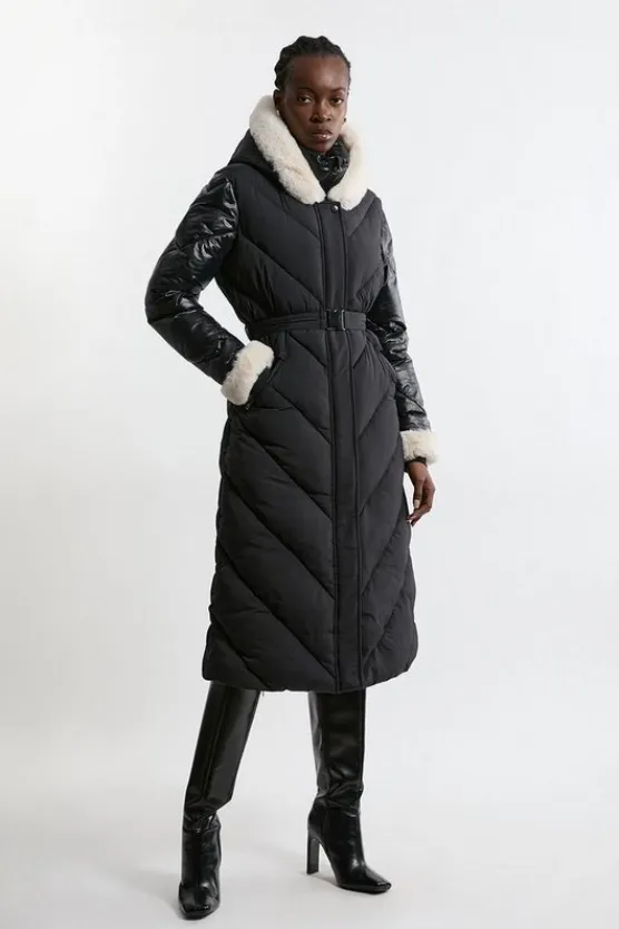 Karen Millen Quilted Hooded Longline Belted Coat black Outlet