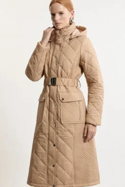 Karen Millen Quilted Hooded Longline Coat mushroom Online
