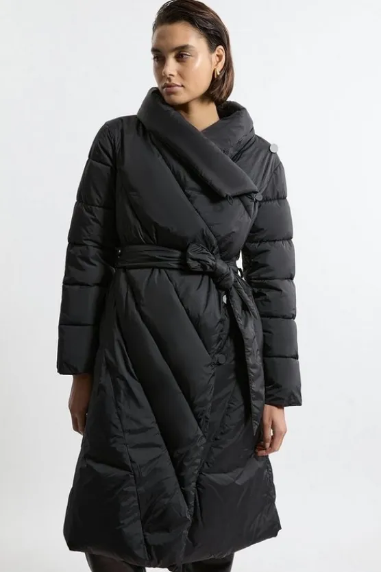 Karen Millen Quilted Padded Wrap Collar Coat black Discount
