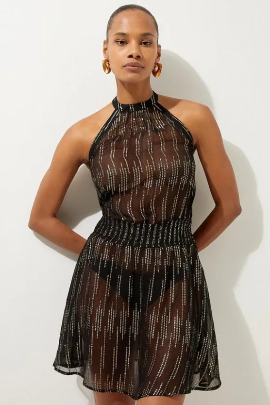 Karen Millen Racer Neck Metallic Thread Woven Beach Mini Dress black Discount