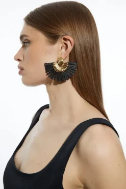 Karen Millen Raffia Fan Statement Earring black New