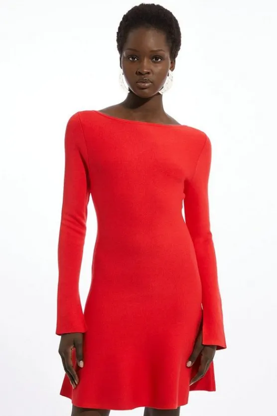Karen Millen Rib Knit Peplum Sleeve Flippy Mini Dress red Outlet