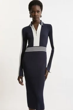 Karen Millen Rib Knit Polo Zip Up Midi Dress navy New