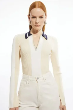 Karen Millen Rib Knit Polo Zip Up Top natural Hot
