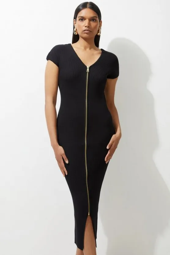 Karen Millen Rib Knit Zip Through Midi Dress black Online