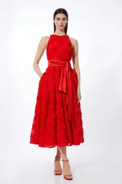Karen Millen Romantic Rosette Texture Woven Prom Midi Dress red Best