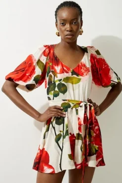 Karen Millen Printed Morocain Woven Balloon Sleeve Romper rose Outlet