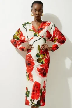 Karen Millen Printed Morocain Woven V Neck Midaxi Dress rose Sale