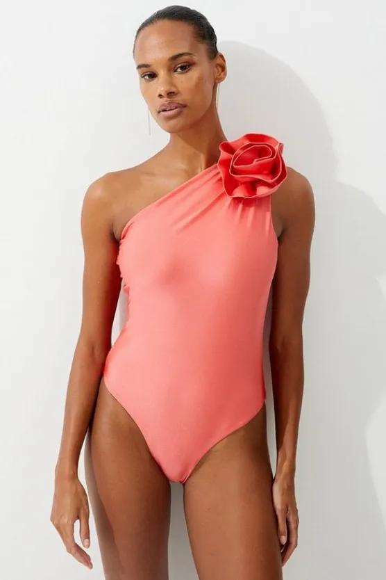 Karen Millen Rosette Detail Asymmetric Swimsuit blush Outlet