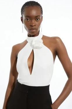 Karen Millen Rosette Ponte Jersey Keyhole Bodysuit ivory Online