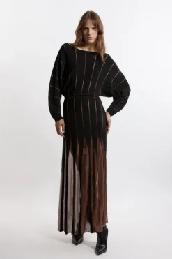 Karen Millen Rounded Sleeve Sheer Skirt Maxi Knit Dress black Hot