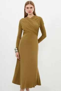 Karen Millen Ruched Jersey Crepe Midi Dress khaki Sale