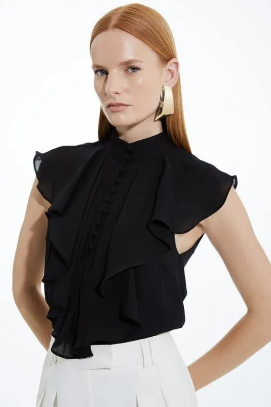 Karen Millen Ruffle High Neck Georgette Sleeveless Woven Blouse black Sale