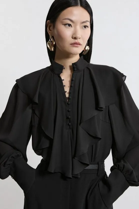 Karen Millen Ruffle High Neck Georgette Woven Blouse black Hot