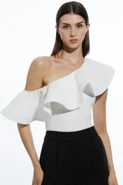 Karen Millen Ruffle Ponte And Cotton Mix Jersey Bodysuit white Discount