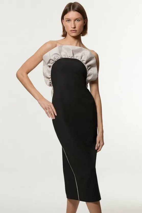 Karen Millen Ruffle Taffeta Compact Stretch Bandeau Tailored Midi Dress black New