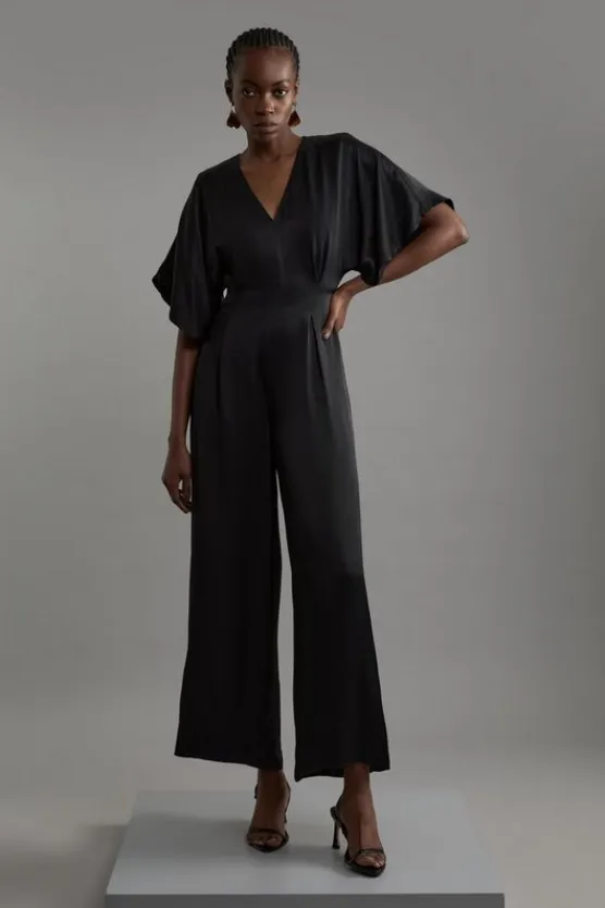 Karen Millen Satin Angel Sleeve Woven Maxi Jumpsuit black New
