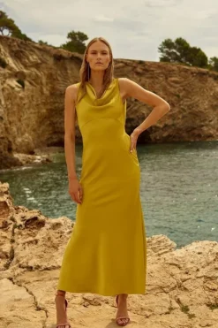 Karen Millen Satin Back Crepe Column Woven Midaxi Dress ochre Outlet