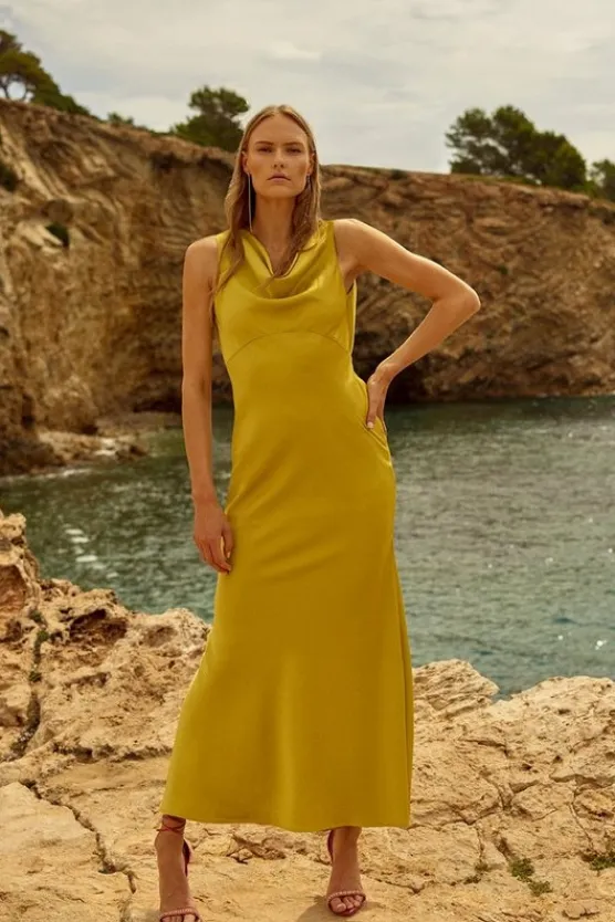 Karen Millen Satin Back Crepe Column Woven Midaxi Dress ochre Outlet