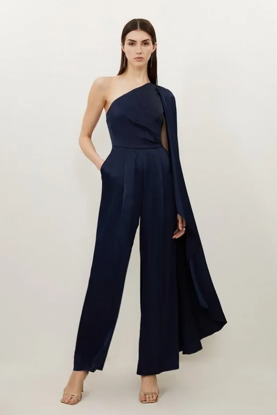 Karen Millen Satin Back Crepe Drape One Shoulder Wide Leg Jumpsuit navy Fashion