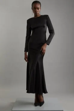Karen Millen Satin Back Crepe Long Sleeved Column Woven Midaxi Dress black New