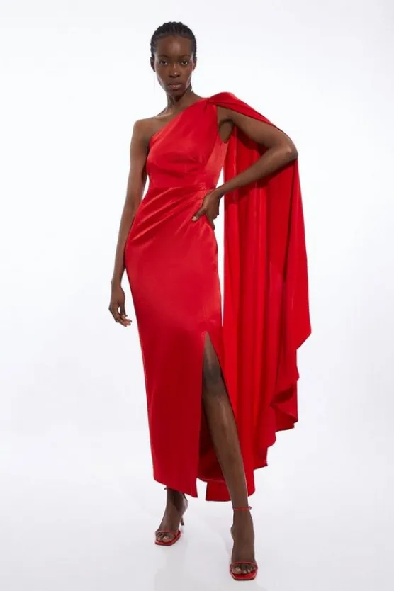 Karen Millen Satin Back Crepe One Shoulder Drape Sleeve Maxi Dress red Online